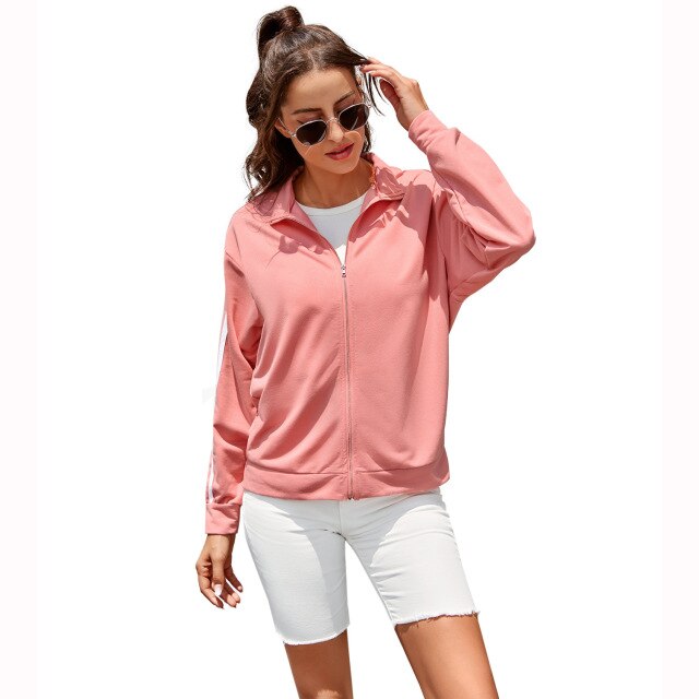 Fashion Loose Striped Zipper Coat With Lapel Autumn and Winter Casual Female Pink Outwear Sports Long-sleeved Coat
