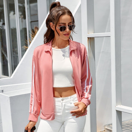 Fashion Loose Striped Zipper Coat With Lapel Autumn and Winter Casual Female Pink Outwear Sports Long-sleeved Coat