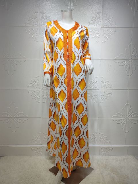 Fashion Muslim Jalabiya Orange Dubai Hijab Dress For Women Eid 2021 Moroccan Turkey Arabic Oman Islamic Clothing