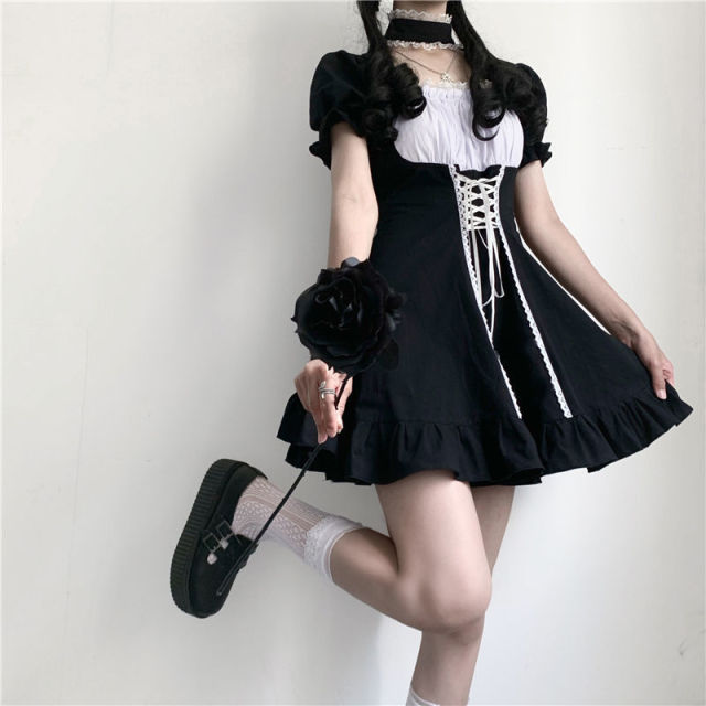 Fashion New Bandage Black Dress Woman 2022 Sweet Square Collar Lolita Dresses Summer Puff Short Sleeve Sexy Vestidos Mujer