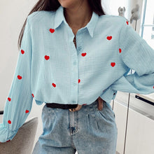 Load image into Gallery viewer, Fashion New Casual Turn Down Collar Blouses Women Elegant Long Sleeve Shirts Women Red Heart Embroidery Tops Ladies