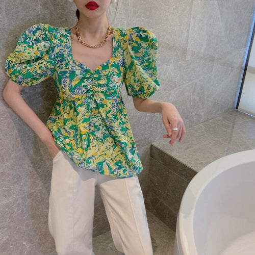 Fashion New Square Collar Short Sleeve Summer Women Tops Floral Print Blouse Mujer YOU452
