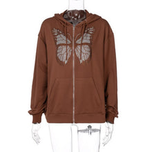Load image into Gallery viewer, Fashion Oversized Butterfly Graphic Rhinestone Zip Up Hoodies 90s Streetwear Diamond Grey Long Jacket Autumn