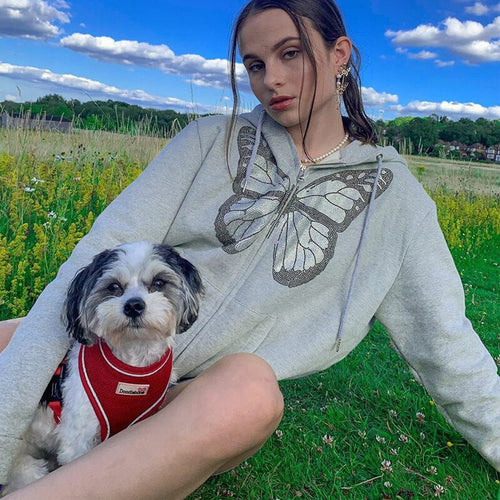 Fashion Oversized Butterfly Graphic Rhinestone Zip Up Hoodies 90s Streetwear Diamond Grey Long Jacket Autumn
