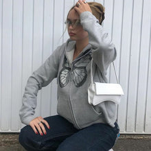 Load image into Gallery viewer, Fashion Oversized Butterfly Graphic Rhinestone Zip Up Hoodies 90s Streetwear Diamond Grey Long Jacket Autumn