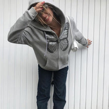 Load image into Gallery viewer, Fashion Oversized Butterfly Graphic Rhinestone Zip Up Hoodies 90s Streetwear Diamond Grey Long Jacket Autumn