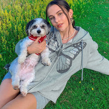 Load image into Gallery viewer, Fashion Oversized Butterfly Graphic Rhinestone Zip Up Hoodies 90s Streetwear Diamond Grey Long Jacket Autumn