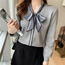 Load image into Gallery viewer, Fashion Patchwork Elegant Pearls Button Up Bow Collar Blouses Women Casual Office Lady Top Long Sleeve Autumn Spring Shirts