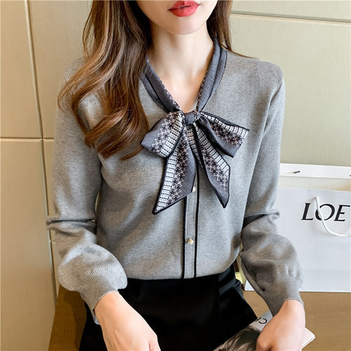 Fashion Patchwork Elegant Pearls Button Up Bow Collar Blouses Women Casual Office Lady Top Long Sleeve Autumn Spring Shirts