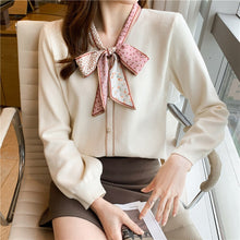 Load image into Gallery viewer, Fashion Patchwork Elegant Pearls Button Up Bow Collar Blouses Women Casual Office Lady Top Long Sleeve Autumn Spring Shirts