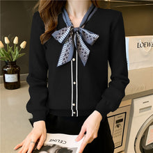 Load image into Gallery viewer, Fashion Patchwork Elegant Pearls Button Up Bow Collar Blouses Women Casual Office Lady Top Long Sleeve Autumn Spring Shirts