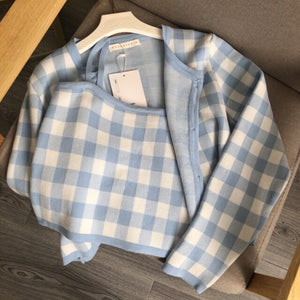 Fashion Pink Plaid Cardigan Sweaters Women Autumn New Loose Long Sleeve Tops Chic Korean Camisole 2 Piece Sets Sweet