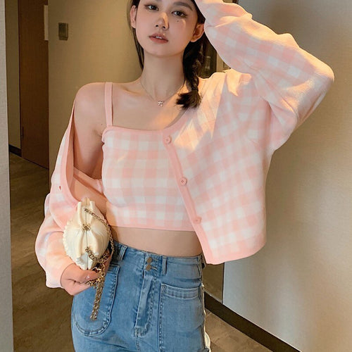 Fashion Pink Plaid Cardigan Sweaters Women Autumn New Loose Long Sleeve Tops Chic Korean Camisole 2 Piece Sets Sweet