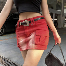 Load image into Gallery viewer, Fashion Red Gradient Cargo Low Waist Denim Skirt Pockets Bodycon Club Party Mini Skirts Female Super Short Hot Street Style