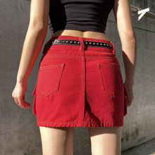 Load image into Gallery viewer, Fashion Red Gradient Cargo Low Waist Denim Skirt Pockets Bodycon Club Party Mini Skirts Female Super Short Hot Street Style