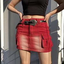 Load image into Gallery viewer, Fashion Red Gradient Cargo Low Waist Denim Skirt Pockets Bodycon Club Party Mini Skirts Female Super Short Hot Street Style