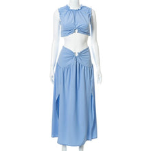 Load image into Gallery viewer, Fashion Ruched Dress Two Pieces Sets Women Solid Summer Matching Set Streetwear Sleevelss Short Top and Split Long Skirt Suit