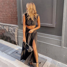 Load image into Gallery viewer, Fashion Ruched Dress Two Pieces Sets Women Solid Summer Matching Set Streetwear Sleevelss Short Top and Split Long Skirt Suit