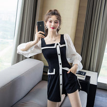 Load image into Gallery viewer, Fashion Slim Korean Fall Shorts Sets Female Black Stitching Design Square Neck Blouse+Black Shorts Two Piece Set Women Casual