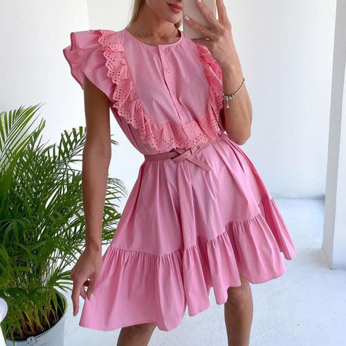 Fashion Solid Casual Flying Sleeve Dresses Women Elegant O Neck Patchwork Dress Women Buttons Loose Mini Dresses Ladies
