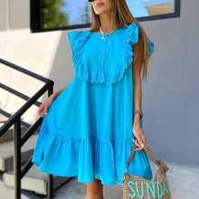 Load image into Gallery viewer, Fashion Solid Casual Flying Sleeve Dresses Women Elegant O Neck Patchwork Dress Women Buttons Loose Mini Dresses Ladies