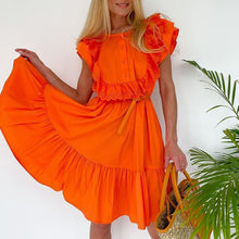 Load image into Gallery viewer, Fashion Solid Casual Flying Sleeve Dresses Women Elegant O Neck Patchwork Dress Women Buttons Loose Mini Dresses Ladies