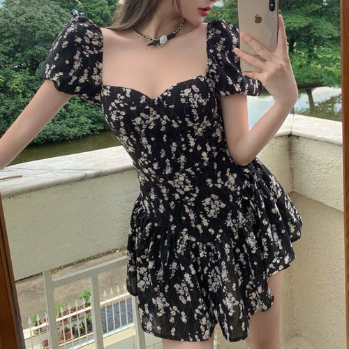 Fashion Square Neck Puff Short Sleeve Chiffon Dress Women Summer Elegant Casual Vintage Floral Print Boho Irregular Ruffle Robe