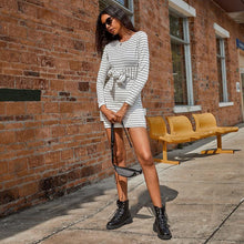 Load image into Gallery viewer, Fashion Street Fit Striped Skirt Round Neck Solid Color High Waist Tie Long Sleeve Dress Autumn 2021 Women&#39;s Clothing Mini Dress