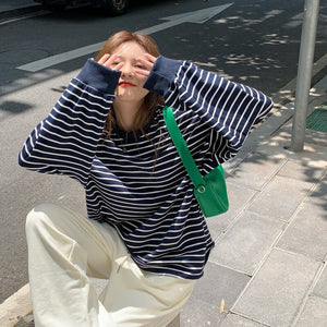 Fashion Striped Tshirt Women Simple O-neck Long Sleeve Tops Femme Casual Loose All Match Vinatge Tees Spring T Shirt 2022