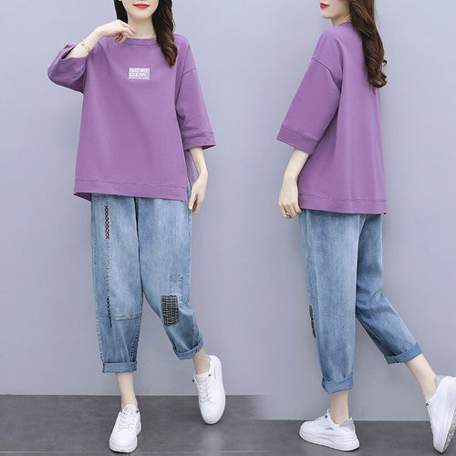 Fashion Suit Women Summer New Round Neck Printed T-shirt + Elastic Waist Nine-point Break Jeans Loose Casual Two-piece Female