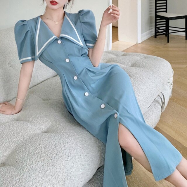 Fashion Summer Vintage Puff Sleeve Midi Party Dress Ladies Elegant Robe Casual Single-Breasted Button Folds Beach Vestidos Mujer