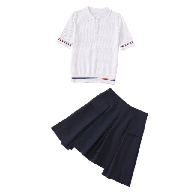 Fashion Summer Women Sets New Breathable Knitted Shirt Tops And Casual Pleated Skirt Office Two-Piece Suit
