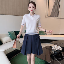 Load image into Gallery viewer, Fashion Summer Women Sets New Breathable Knitted Shirt Tops And Casual Pleated Skirt Office Two-Piece Suit