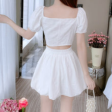Load image into Gallery viewer, Fashion Sweet Two Piece Set Women Square Neck Ruffle Bow Short Puff Sleeve Top Fashionable Ball Gown Skirt Suits Ensembles Femme