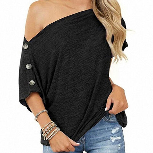 Fashion T Shirt Women Solid Color Off The Shoulder Woman Tshirts Button Short Sleeve Ladies Tops Bottom Mujer Camisetas