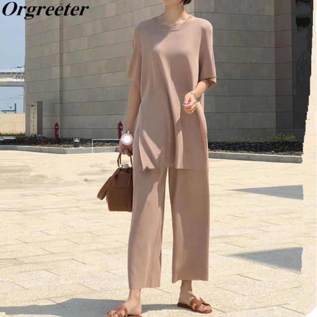 Fashion Temperament Ice silk Knitted Two piece Casual set Women Long Pullovers Tops and wide-leg pants Suits High Quality