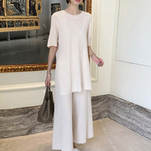 Load image into Gallery viewer, Fashion Temperament Ice silk Knitted Two piece Casual set Women Long Pullovers Tops and wide-leg pants Suits High Quality