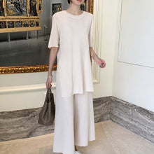 Load image into Gallery viewer, Fashion Temperament Ice silk Knitted Two piece Casual set Women Long Pullovers Tops and wide-leg pants Suits High Quality