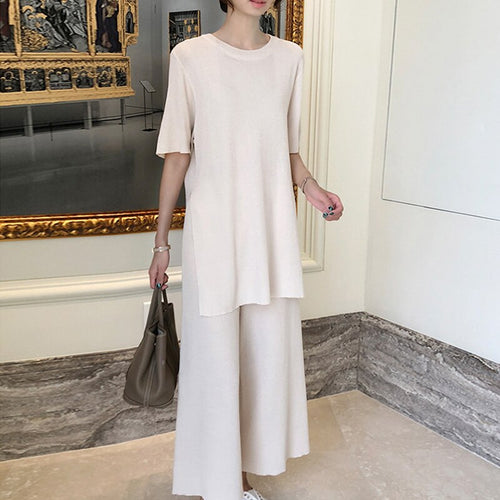 Fashion Temperament Ice silk Knitted Two piece Casual set Women Long Pullovers Tops and wide-leg pants Suits High Quality