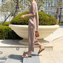 Load image into Gallery viewer, Fashion Temperament Ice silk Knitted Two piece Casual set Women Long Pullovers Tops and wide-leg pants Suits High Quality