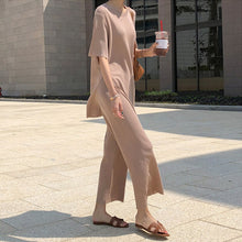 Load image into Gallery viewer, Fashion Temperament Ice silk Knitted Two piece Casual set Women Long Pullovers Tops and wide-leg pants Suits High Quality