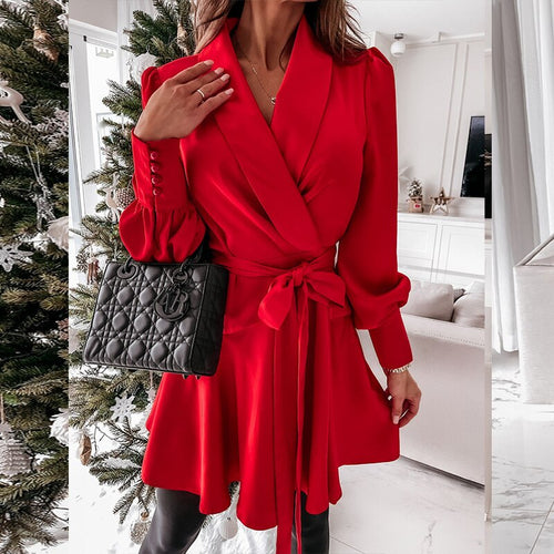 Fashion Trend Women Long Sleeve Satin Dresses Single-breasted Bow Sash Slim Casual Dress Women Split Spring Summer Mini Dresses