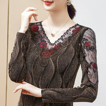 Load image into Gallery viewer, Fashion V-neck Embroidered Women&#39;s T-Shirt New 2021 Autumn Winter Patchwork Mesh Tops M-4XL Plus Size Middle-aged Clothing