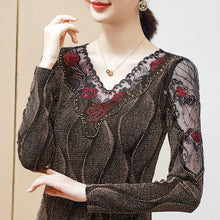 Load image into Gallery viewer, Fashion V-neck Embroidered Women&#39;s T-Shirt New 2021 Autumn Winter Patchwork Mesh Tops M-4XL Plus Size Middle-aged Clothing