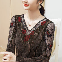 Load image into Gallery viewer, Fashion V-neck Embroidered Women&#39;s T-Shirt New 2021 Autumn Winter Patchwork Mesh Tops M-4XL Plus Size Middle-aged Clothing