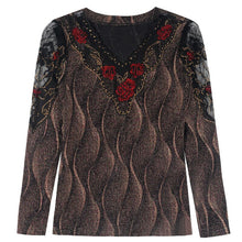 Load image into Gallery viewer, Fashion V-neck Embroidered Women&#39;s T-Shirt New 2021 Autumn Winter Patchwork Mesh Tops M-4XL Plus Size Middle-aged Clothing
