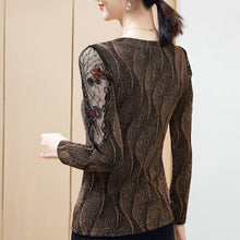 Load image into Gallery viewer, Fashion V-neck Embroidered Women&#39;s T-Shirt New 2021 Autumn Winter Patchwork Mesh Tops M-4XL Plus Size Middle-aged Clothing