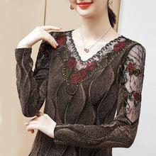 Load image into Gallery viewer, Fashion V-neck Embroidered Women&#39;s T-Shirt New 2021 Autumn Winter Patchwork Mesh Tops M-4XL Plus Size Middle-aged Clothing