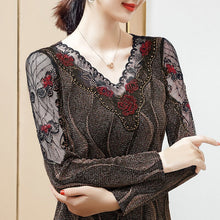 Load image into Gallery viewer, Fashion V-neck Embroidered Women&#39;s T-Shirt New 2021 Autumn Winter Patchwork Mesh Tops M-4XL Plus Size Middle-aged Clothing