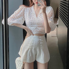 Load image into Gallery viewer, Fashion V-neck Sexy Lace Hollow Top + Disc Button Shorts Suits Ensembles Femme Conjuntos De Vestido Two Piece Sets Women 2021
